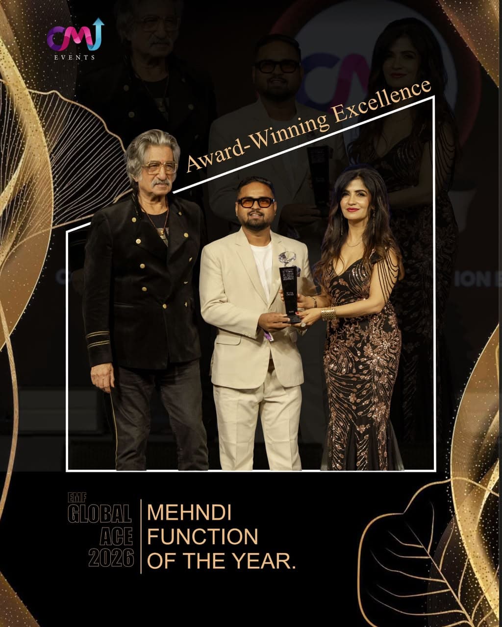 CMJ Events team on stage receiving the Best Mehndi Function of the Year award