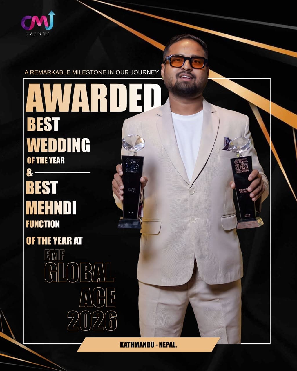 CMJ Events founder holding the Best Wedding of the Year and Best Mehndi Function of the Year trophies